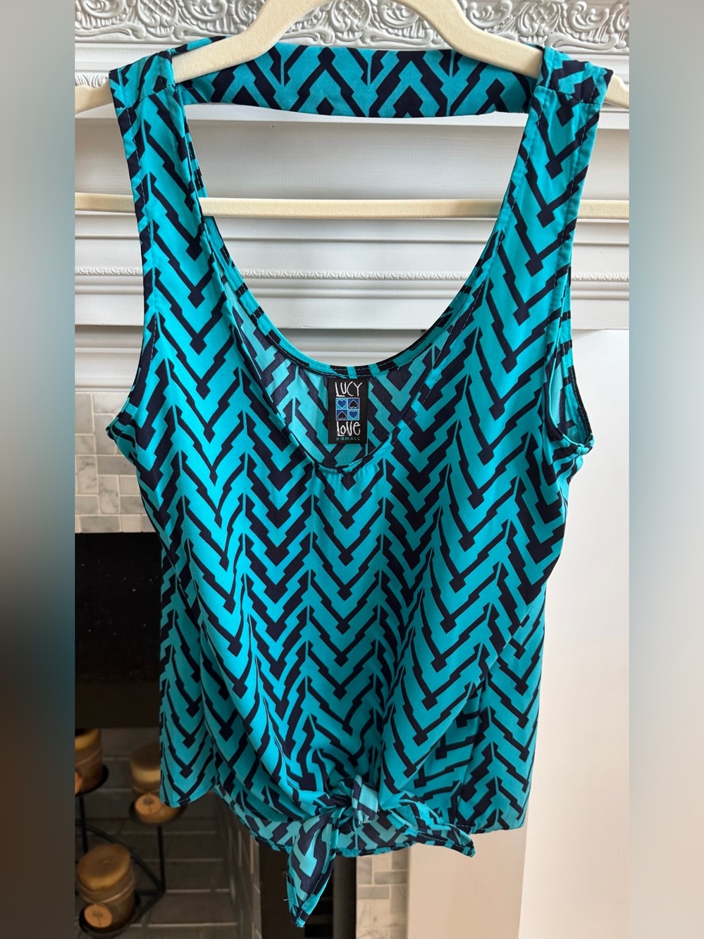Lucy Love Teal and Black Patterned Tie-Front Tank